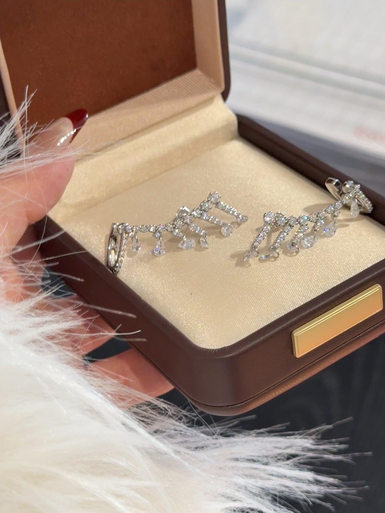 Elysian Jewelry 925 silver earrings in a jewelry box on a textured surface